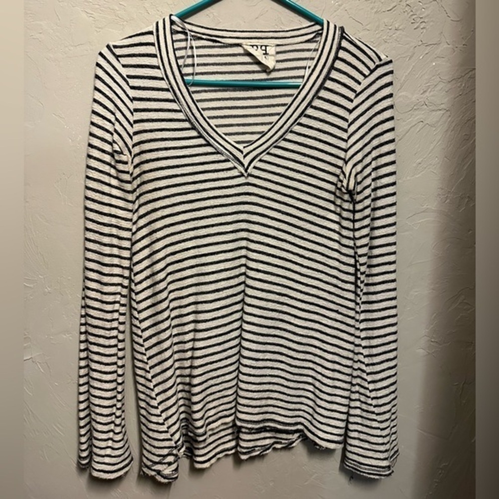 Long Sleeve White and Navy Striped PPLA Bell Sleeve Top - small